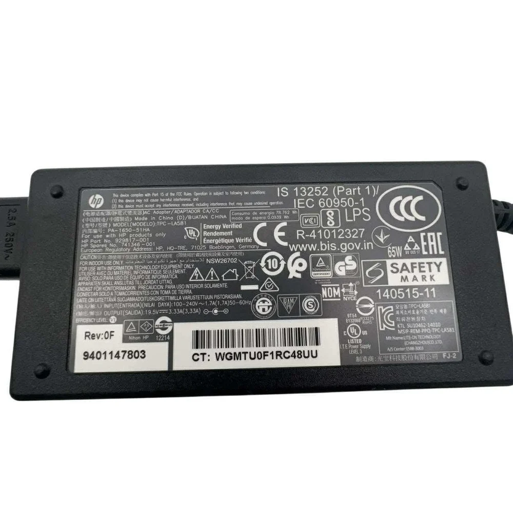 HP AC‎ Adapter Laptop Charger Power Supply 65W 19.5V 3.33A CT WGM TU0F1RC48UU